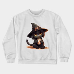 Cartoon black cat wearing a witch hat. Crewneck Sweatshirt